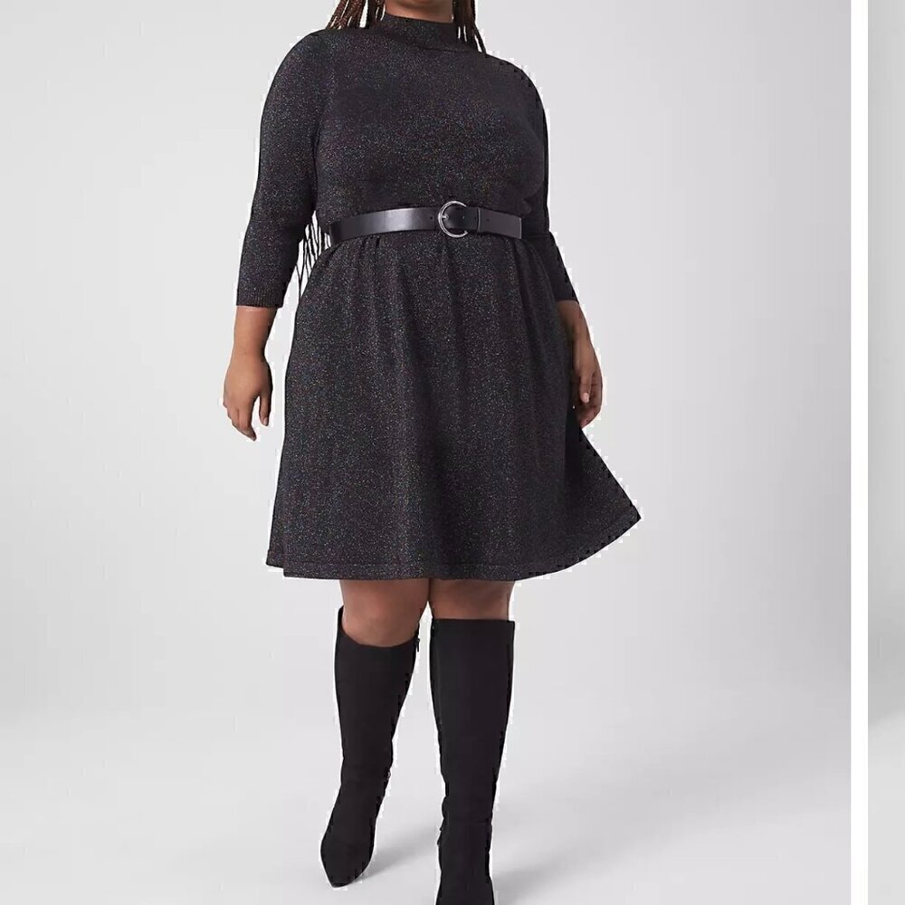 NWT Lane Bryant 3/4 Sleeve Mock Neck Metallic Sweater Dress in Black Size 22/24